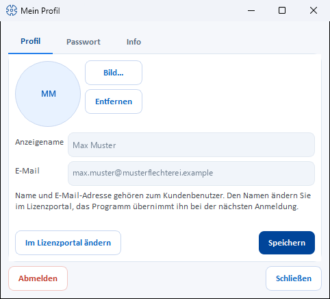 Dialog „Mein Profil“, Reiter „Profil“: Anzeigename und E-Mail ausgegraut, darunter „Im Lizenzportal ändern“