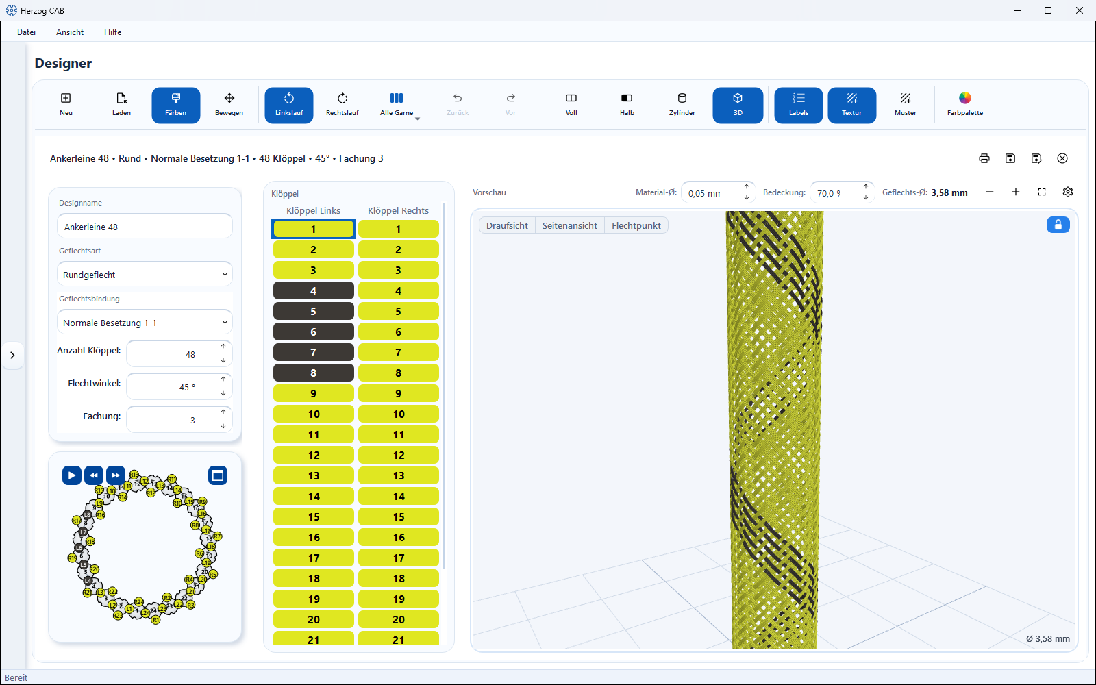 Designer in der 3D-Ansicht: zweifarbiges Rundgeflecht als räumliches Modell mit Draufsicht, Seitenansicht und Flechtpunkt