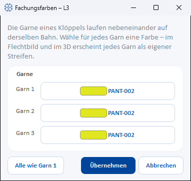 Dialog „Fachungsfarben – L3“ mit den Farbknöpfen für Garn 1 bis Garn 3 und „Alle wie Garn 1“