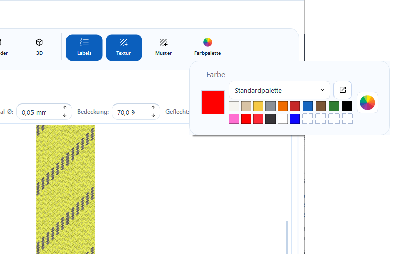 Geöffnete Farbpalette mit aktiver Farbe, Auswahl „Standardpalette“, Farbfeldern und Farbrad-Schaltfläche