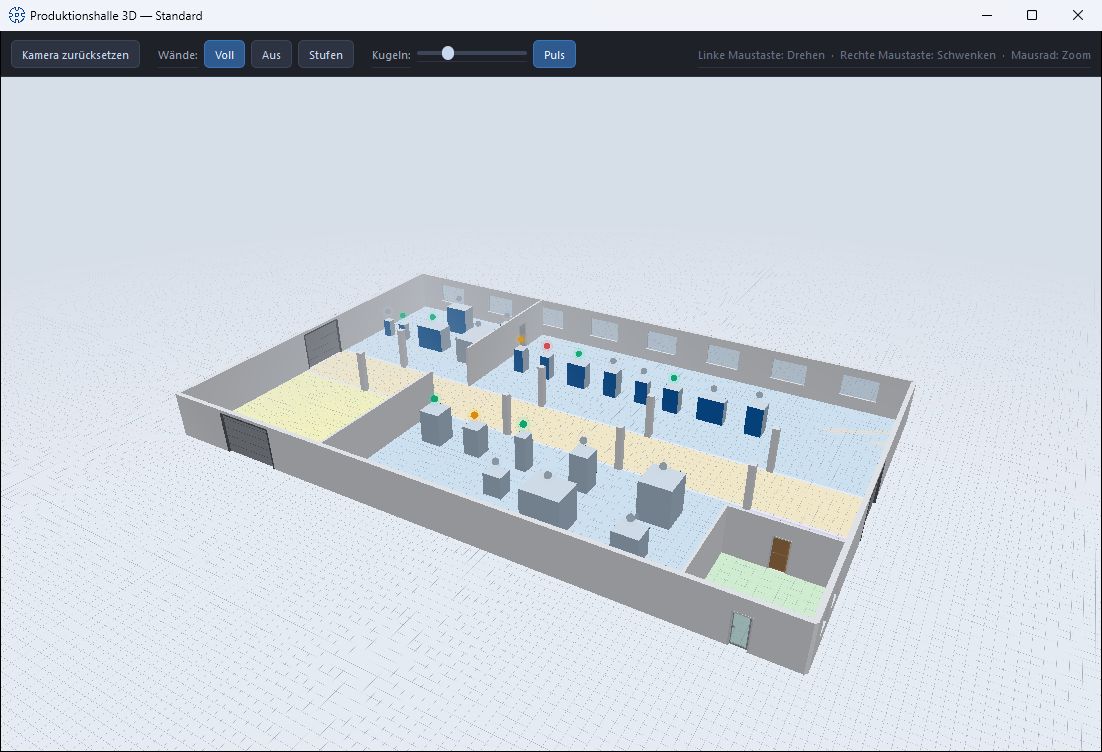 3D-Hallenansicht mit Wänden, Maschinen und farbigen Status-Kugeln, oben die Werkzeugleiste