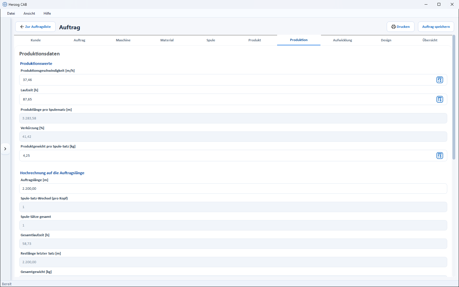 Tab „Produktion“ mit den Abschnitten Produktionswerte und Hochrechnung auf die Auftragslänge
