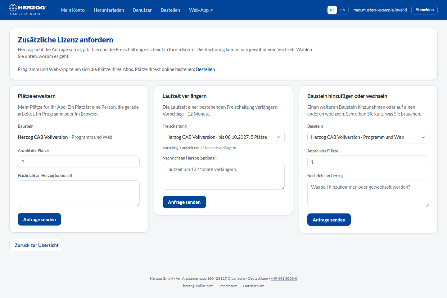 Zusätzliche Lizenz anfordern im Lizenzportal mit den drei Anfragearten.