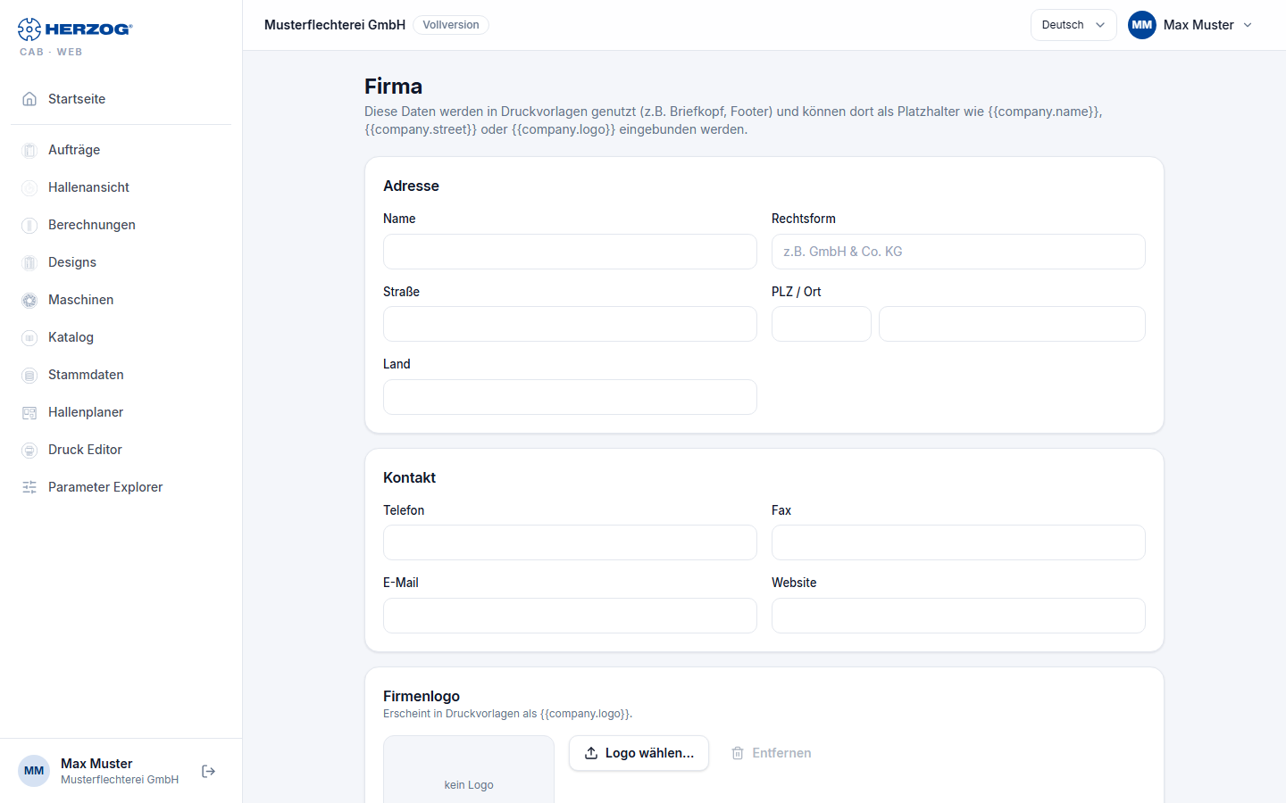 Firma in der Web-App: Karten Firma, Adresse, Kontakt, Rechtliches und Firmenlogo.