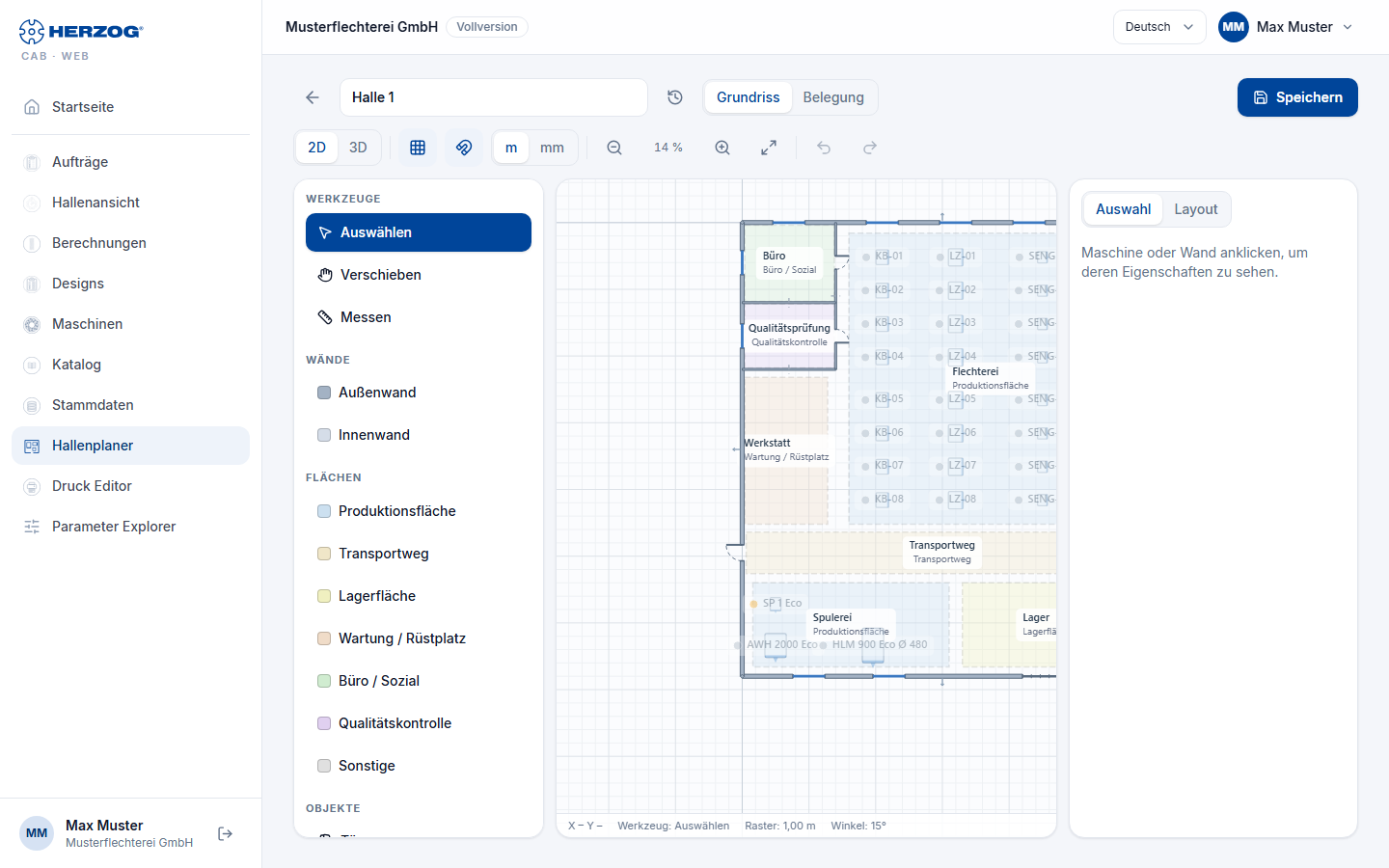 Hallenplan-Editor der Web-App mit Werkzeugleiste, Zeichenfläche und Seitenleiste.