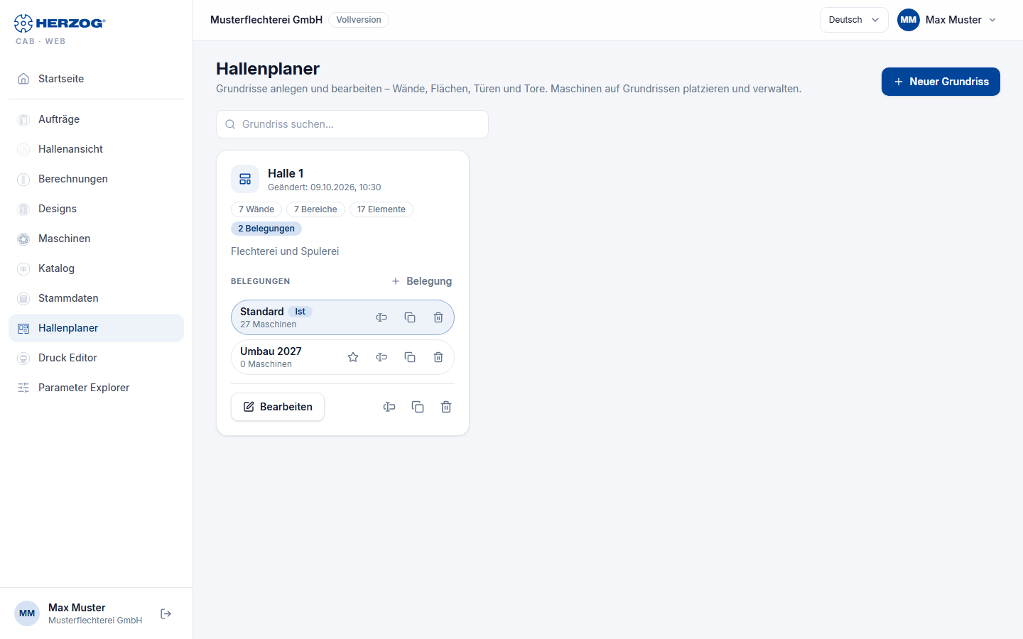 Hallenplaner der Web-App: Grundrisse mit ihren Belegungen.