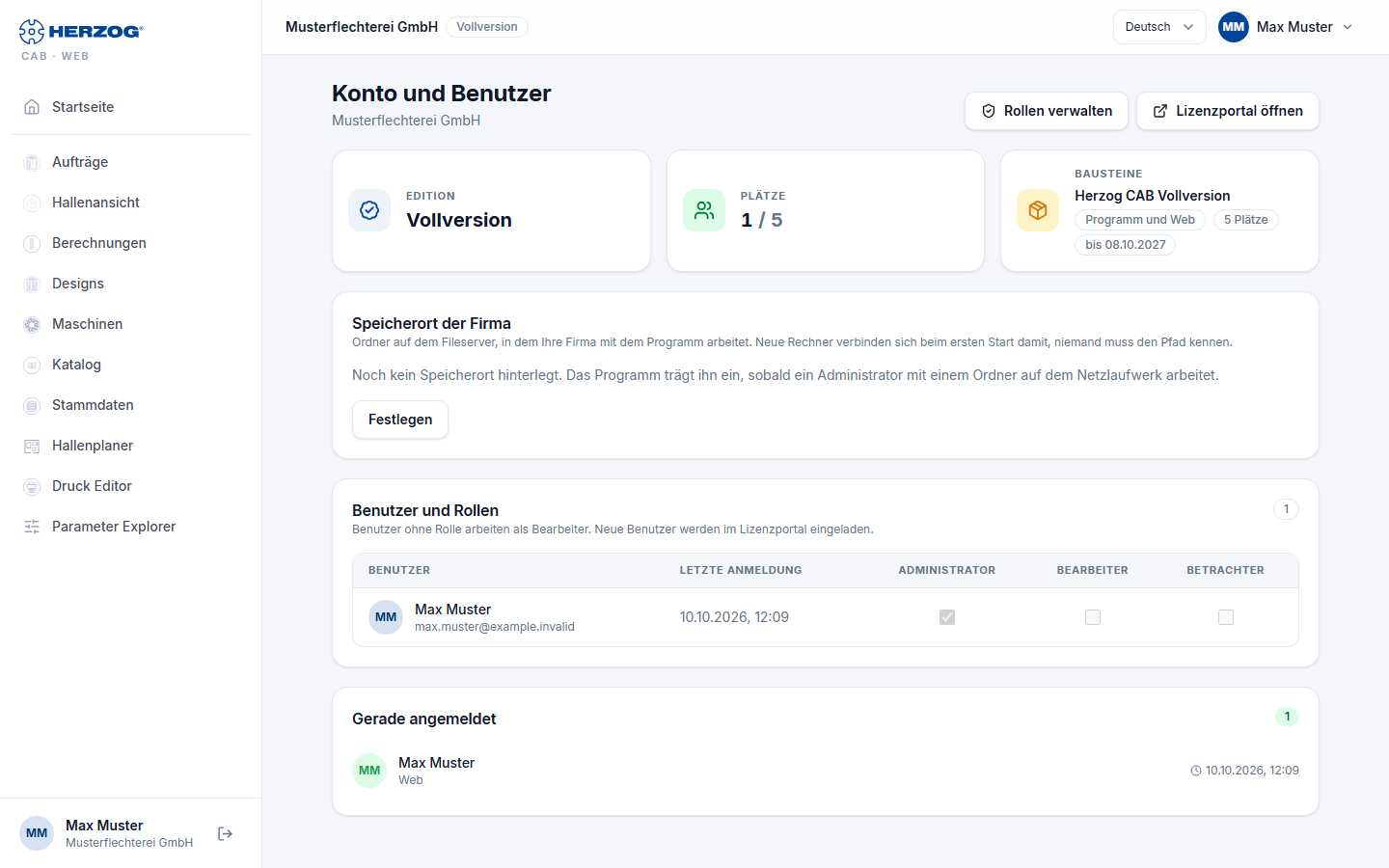 Konto und Benutzer in der Web-App: Edition, Plätze, Bausteine und die Benutzerliste mit Rollen-Kästchen.