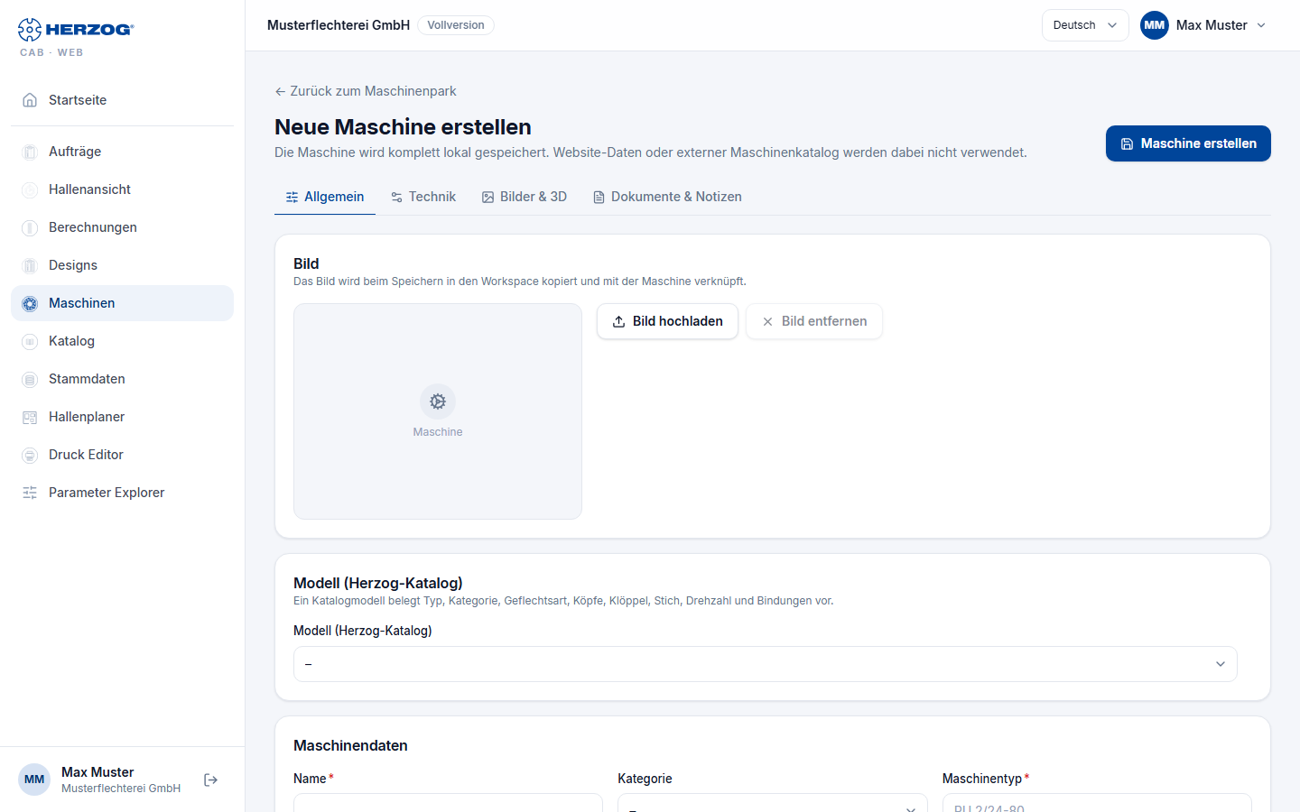 Maschinenseite der Web-App, Reiter „Allgemein".