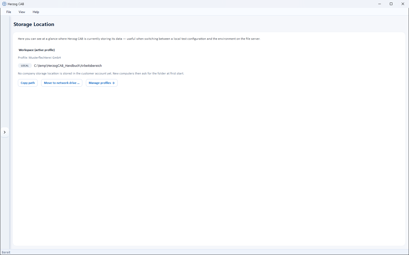 The “Storage location” screen with the local workspace of the active profile and the “Move to network drive …” button