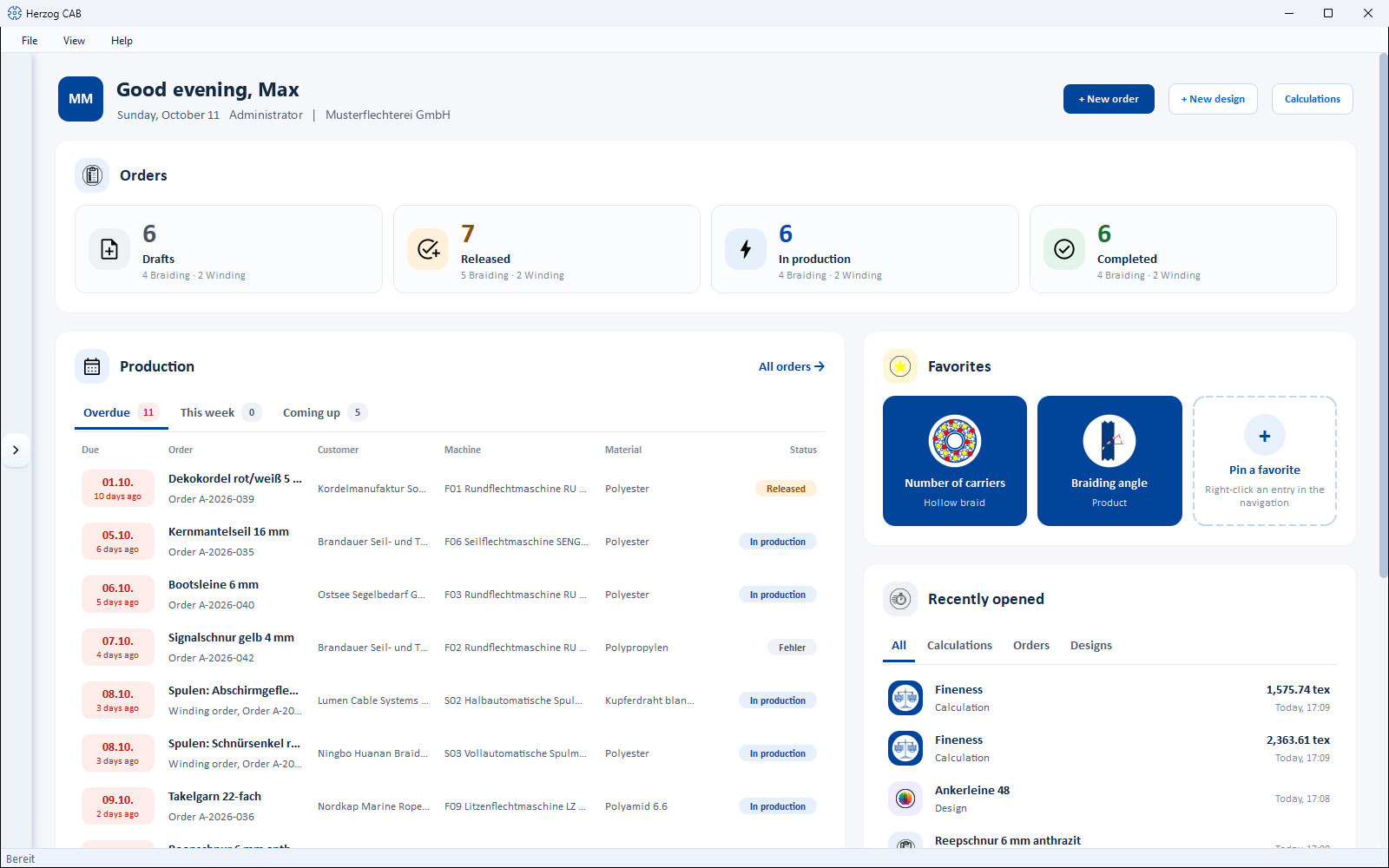Home page in two columns: Orders across the full width, below it Production on the left, Favorites and Recently opened on the right