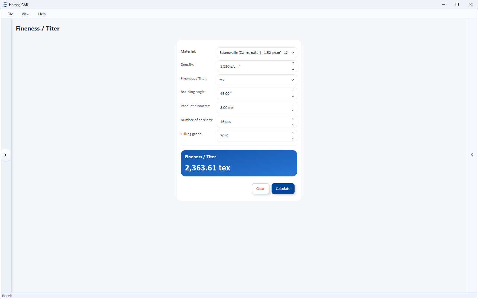 Example calculation "Fineness / Titer": input fields, result card and "Calculate" button.