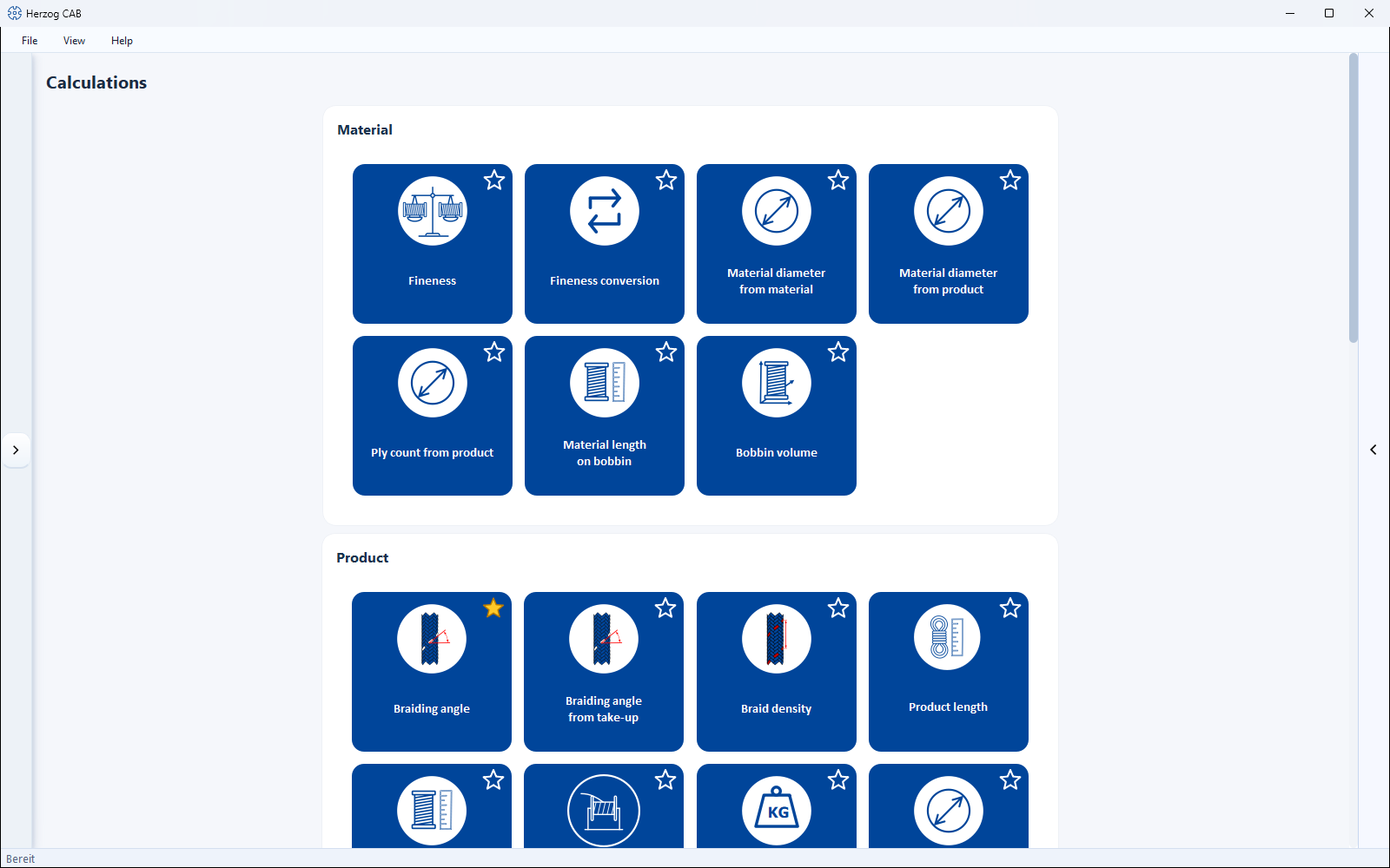 Calculations overview with all calculators, grouped by material, product and production.