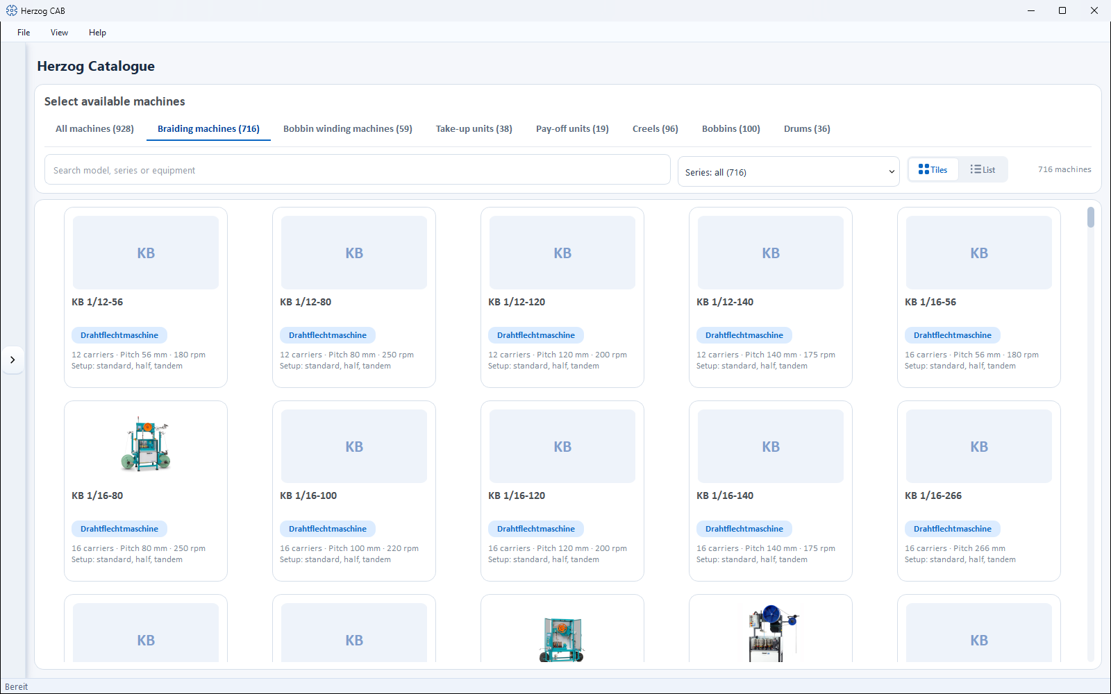 Herzog catalogue in tile view, Braiding machines tab, with search field, series filter and Tiles/List switch