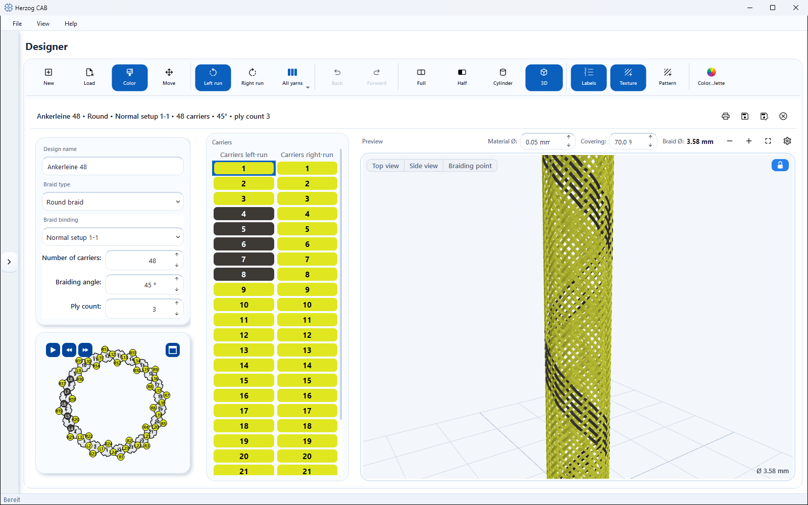 Designer in 3D view: two-colored round braid as a spatial model with Top view, Side view and Braiding point