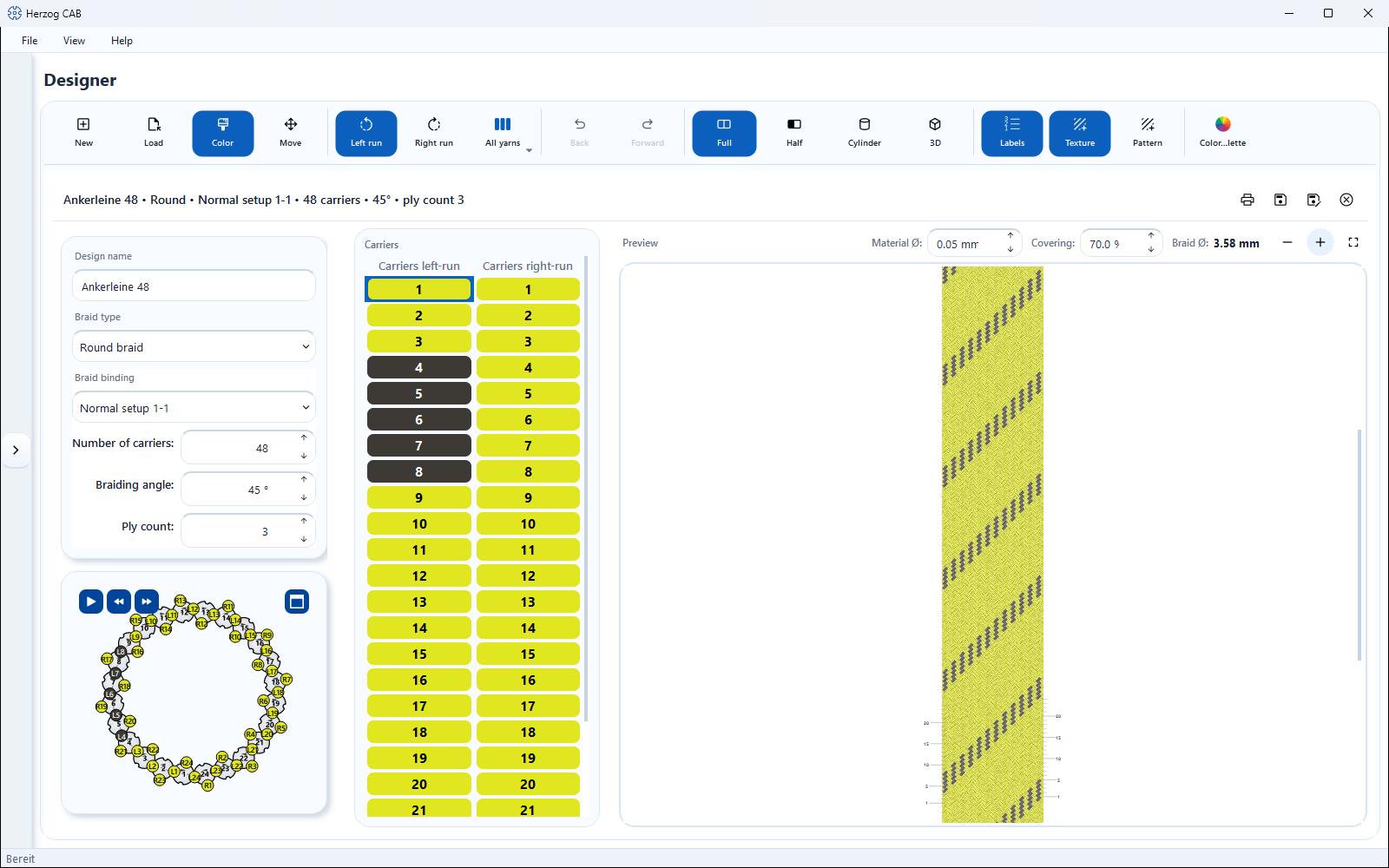Designer with a round braid: toolbar, parameters and Setup overview on the left, carrier table in the middle, braid pattern on the right