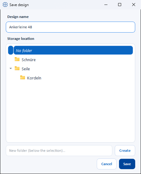 The “Save design” dialog with design name, folder tree of the design library and field for a new folder
