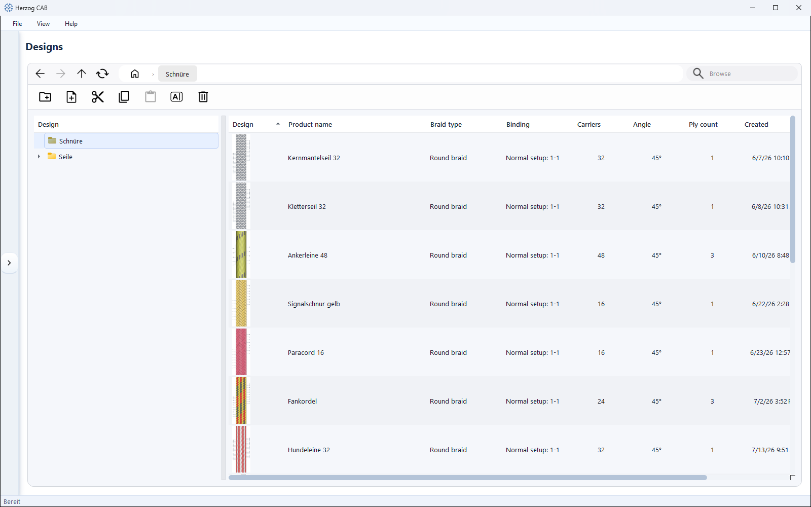Design library with folder tree on the left, design table with thumbnails on the right and toolbar above