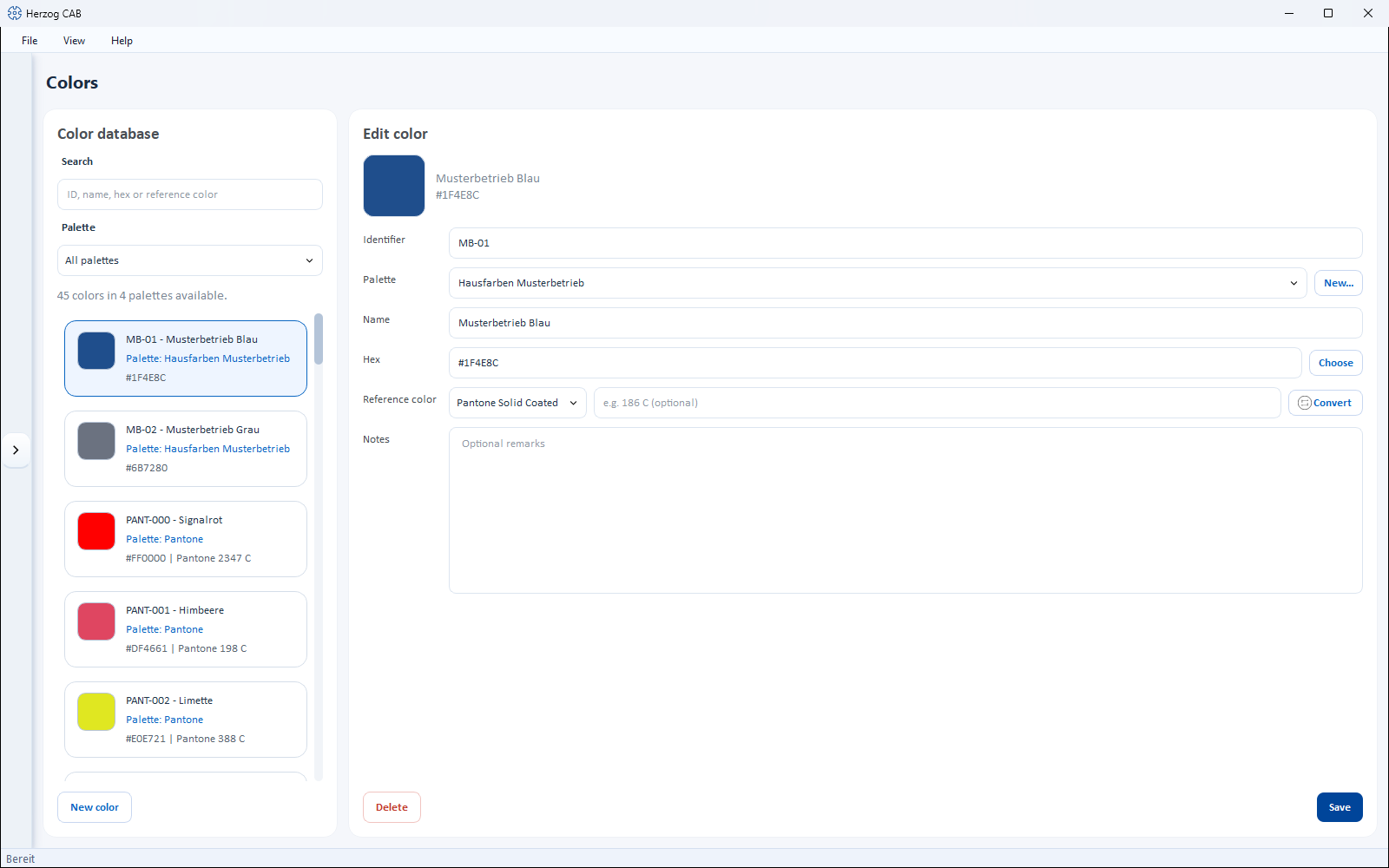 Color editor: on the left the color database, on the right the editing area.