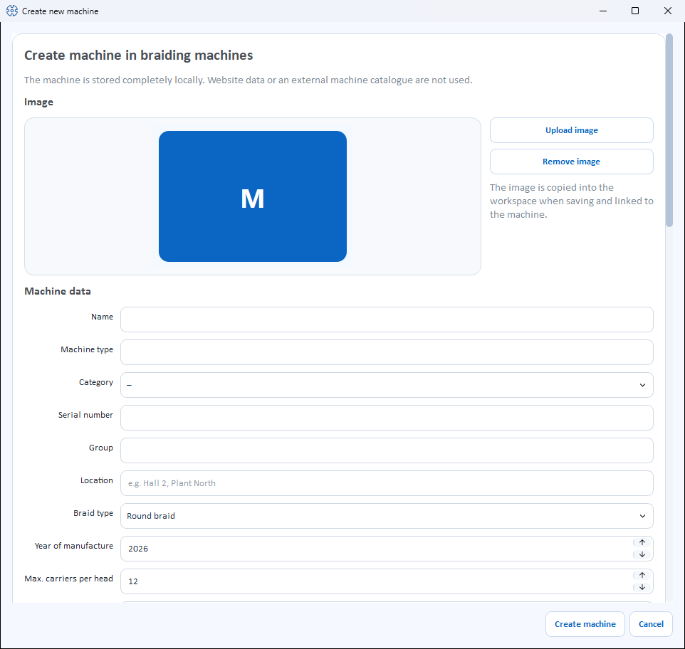 The “Create new machine” dialog with image and Machine data section