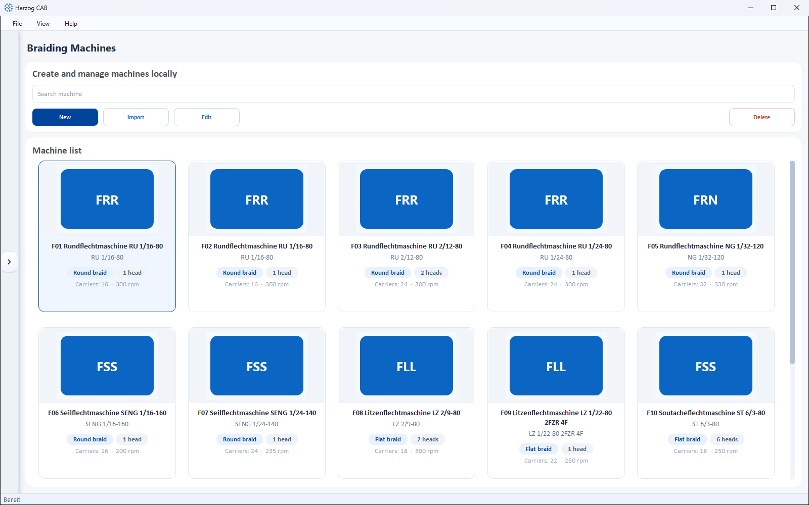 Braiding machines: machine list in the master data.