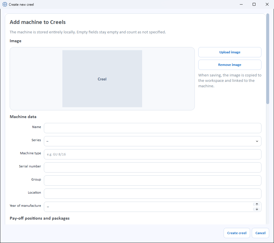 The “Create new creel” dialog with image and Machine data section