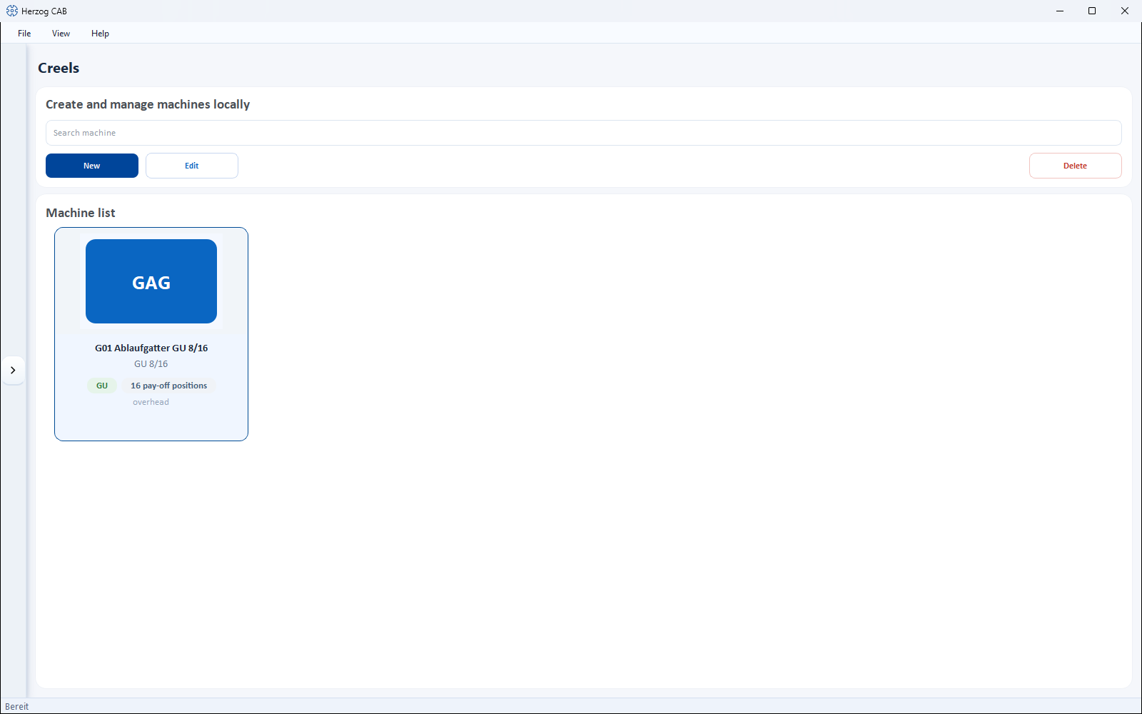 Creel page with search field, buttons and a creel card with series and pay-off positions
