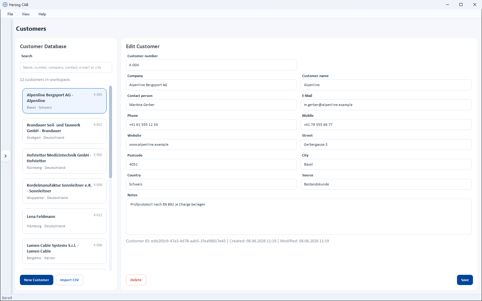 Customer module: on the left the customer database, on the right the editing area.