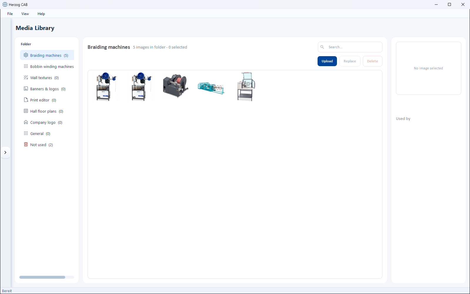 Media library: folders on the left, preview gallery on the right.