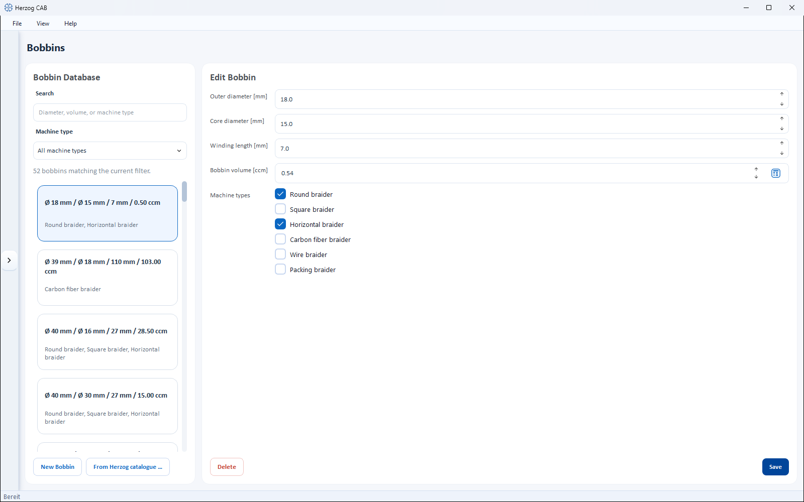 Bobbin editor: on the left the bobbin database, on the right the editing area.