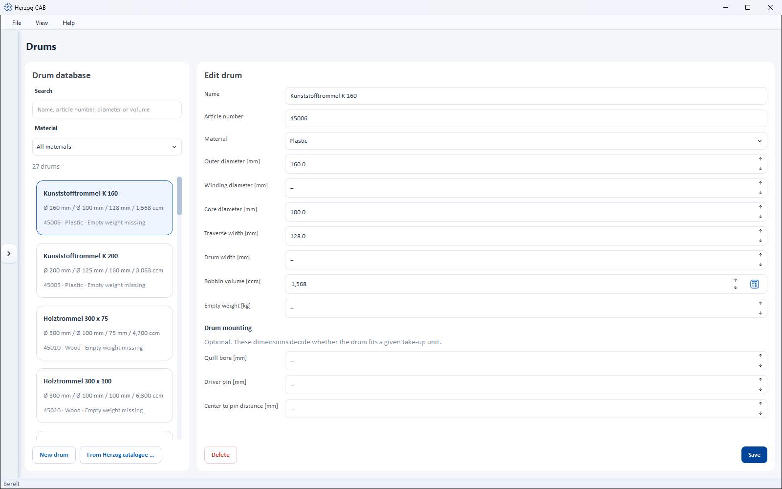 Drums page: drum database with search and material filter on the left, “Edit drum” with dimensions and drum mounting on the right