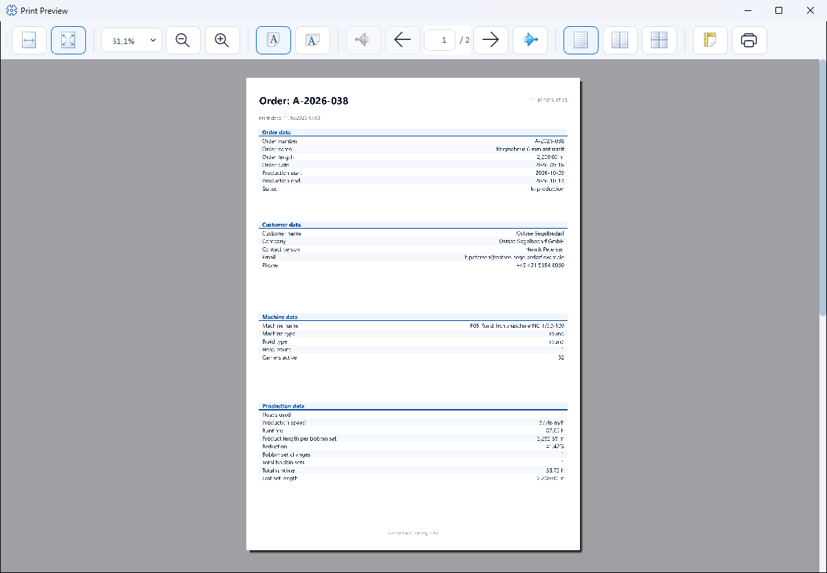 Print preview of an order with order, customer, machine and production data.
