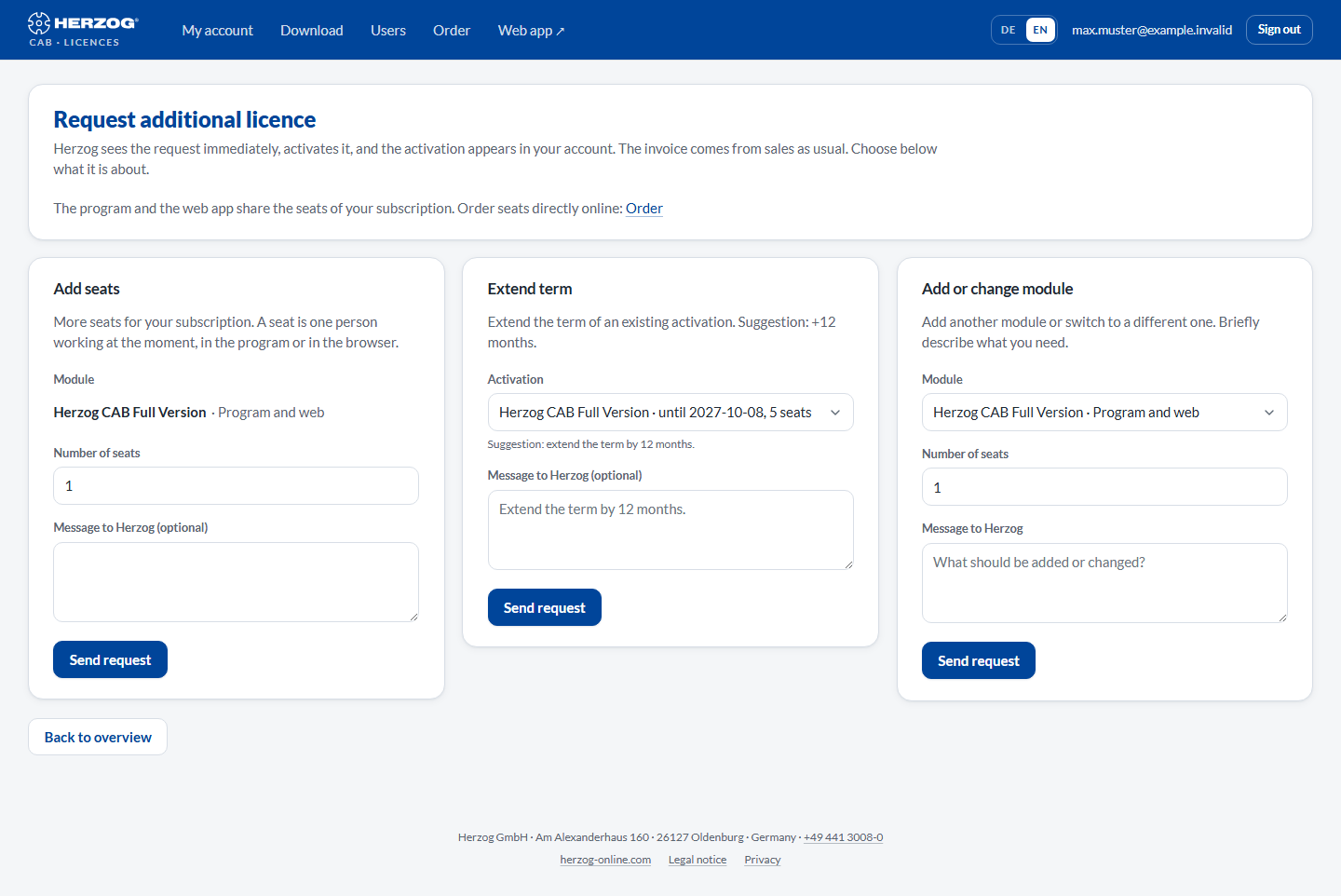 Request additional licence in the licence portal with the three request types.