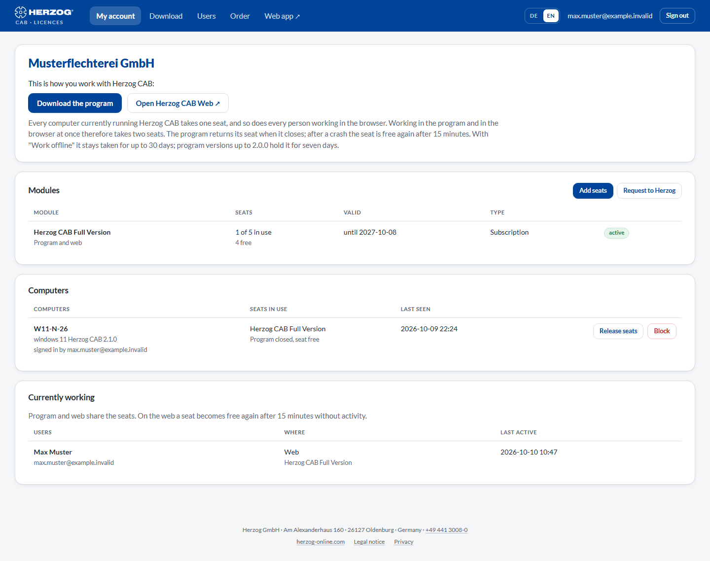 My account in the licence portal: company card, modules with seats, computers and “Currently working”.