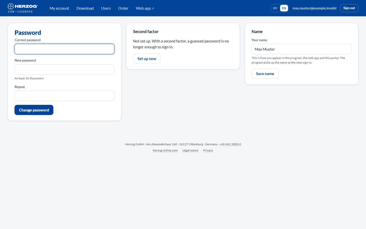 Your own page in the licence portal with the “Password”, “Second factor” and “Name” cards