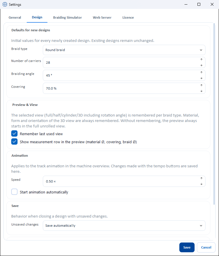 The “Design” tab of the settings with defaults for new designs, preview and view, animation and saving
