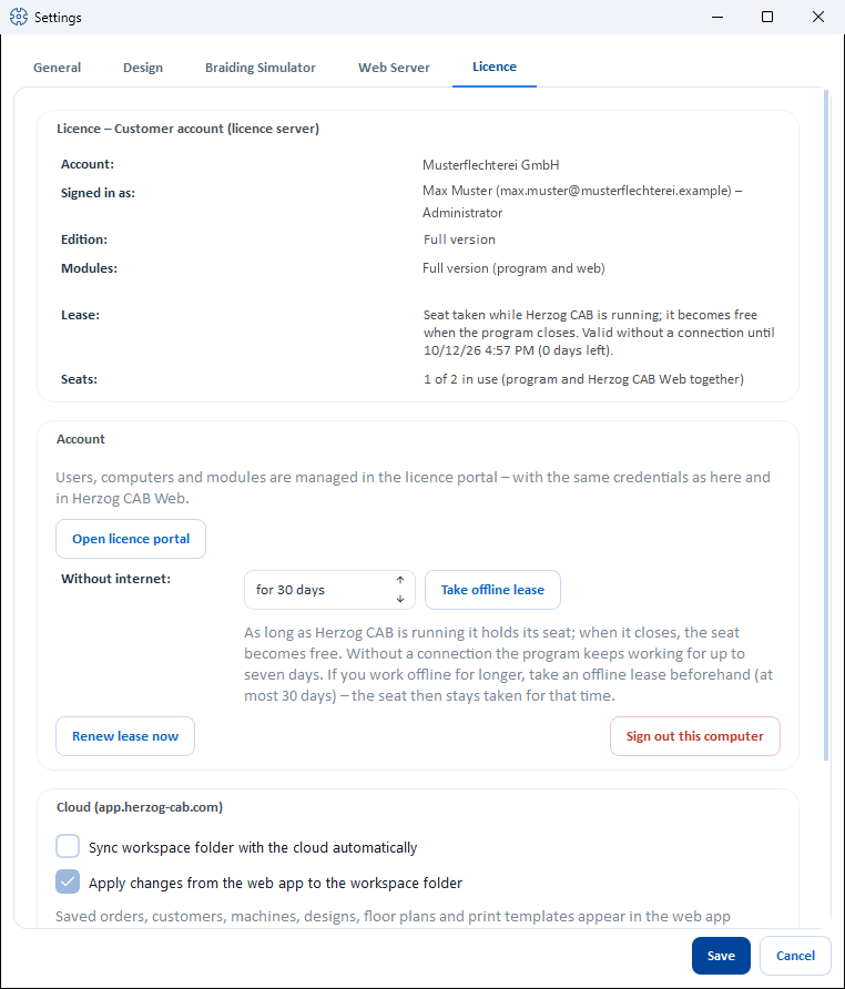 The “Licence” tab of the settings with the cards for customer account, account and cloud