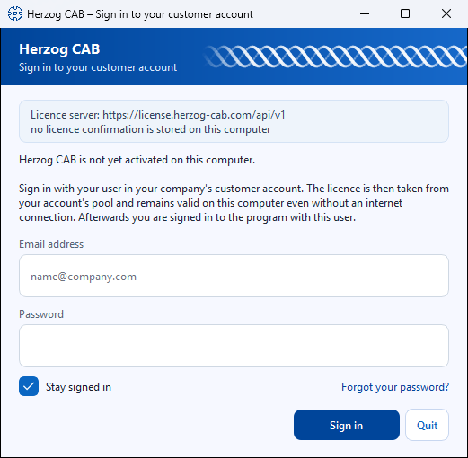 The “Herzog CAB – Sign in to your customer account” dialog with e-mail address, password and “Stay signed in”