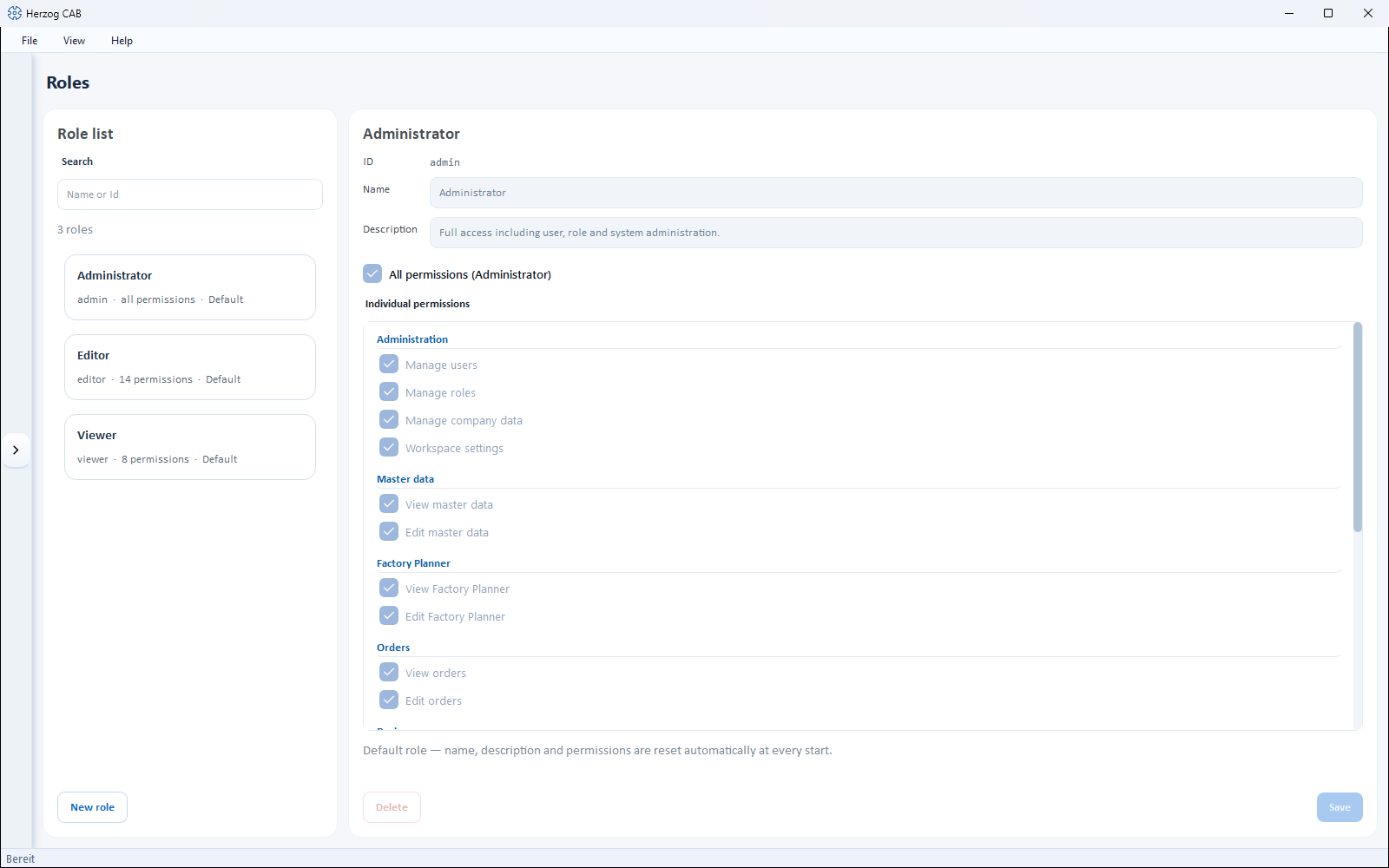 Role management: role list on the left, permission selection on the right.