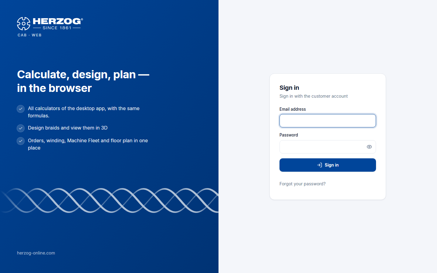 Web app sign-in page on a wide screen: blue brand area on the left, “Sign in” card on the right