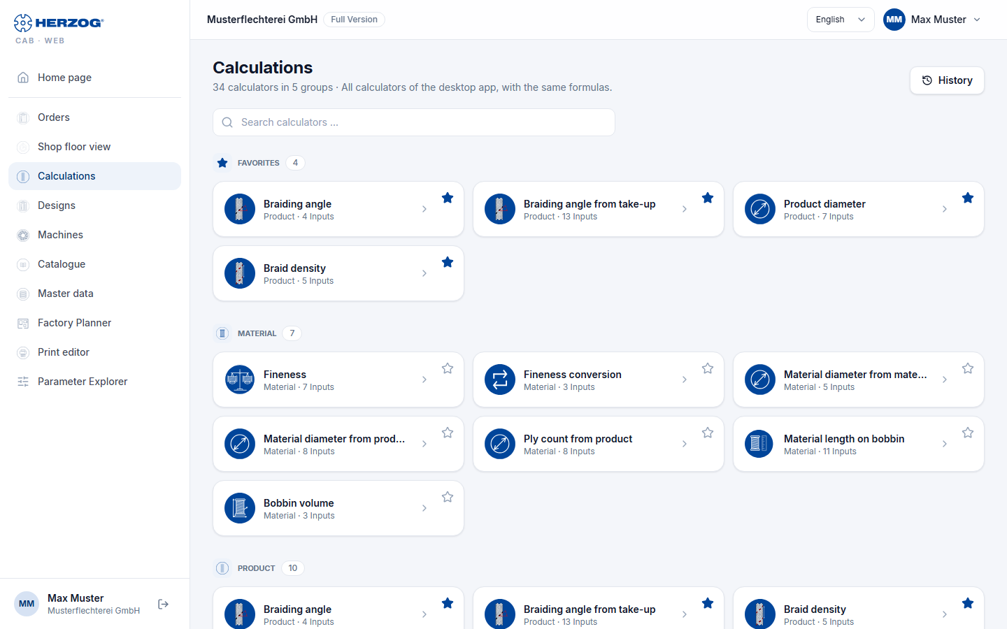 Calculator overview of the web app: search field and tiles per group.