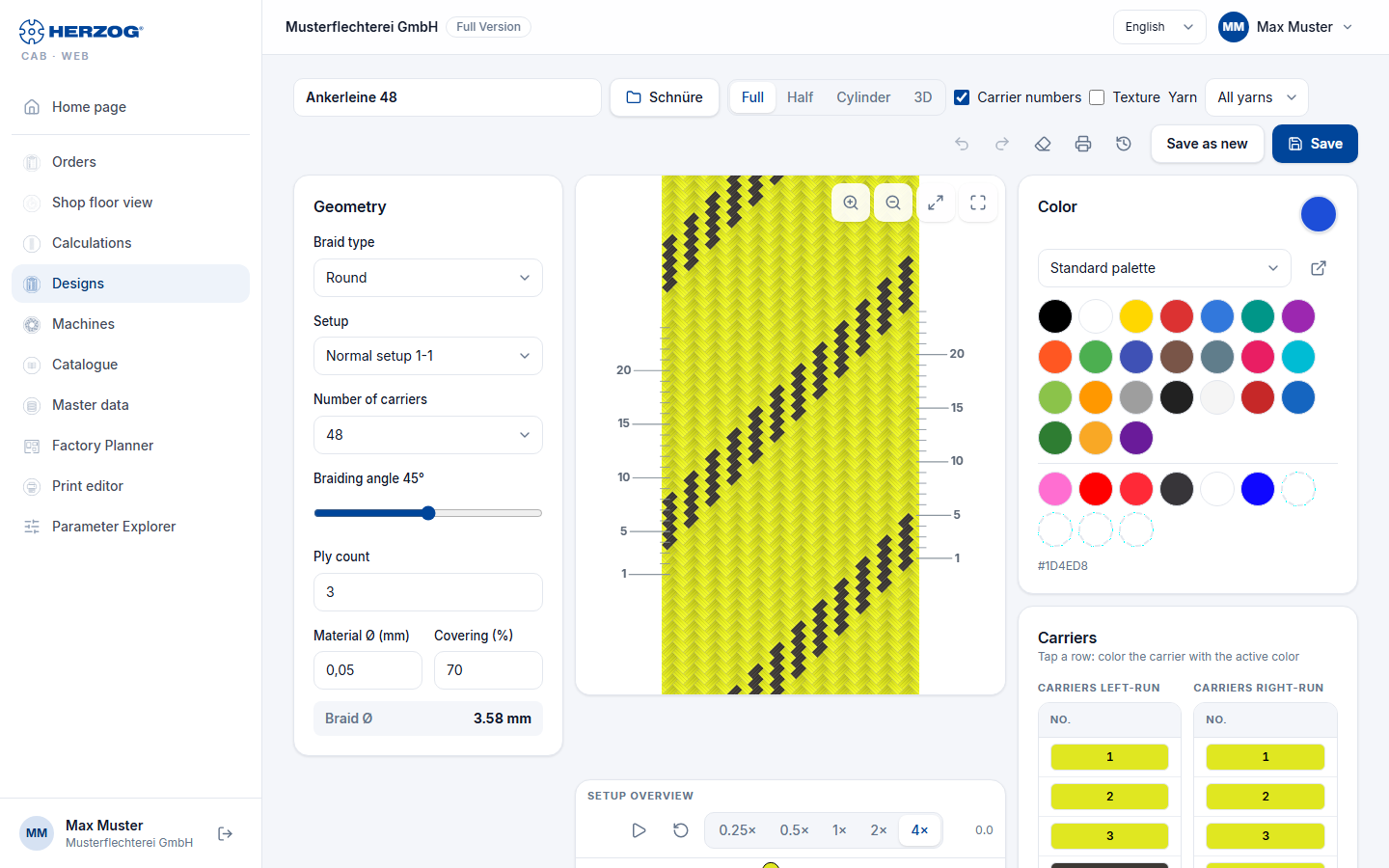 Designer of the web app: geometry on the left, braid pattern and setup overview in the middle, colors and carrier table on the right.