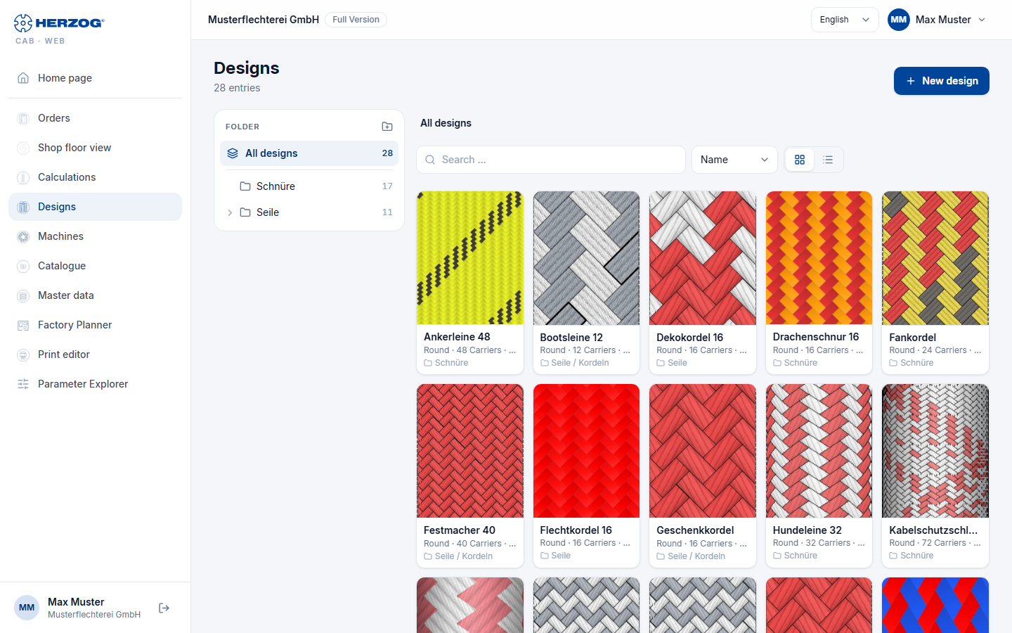 Design library of the web app with preview images, chips and folder filter.