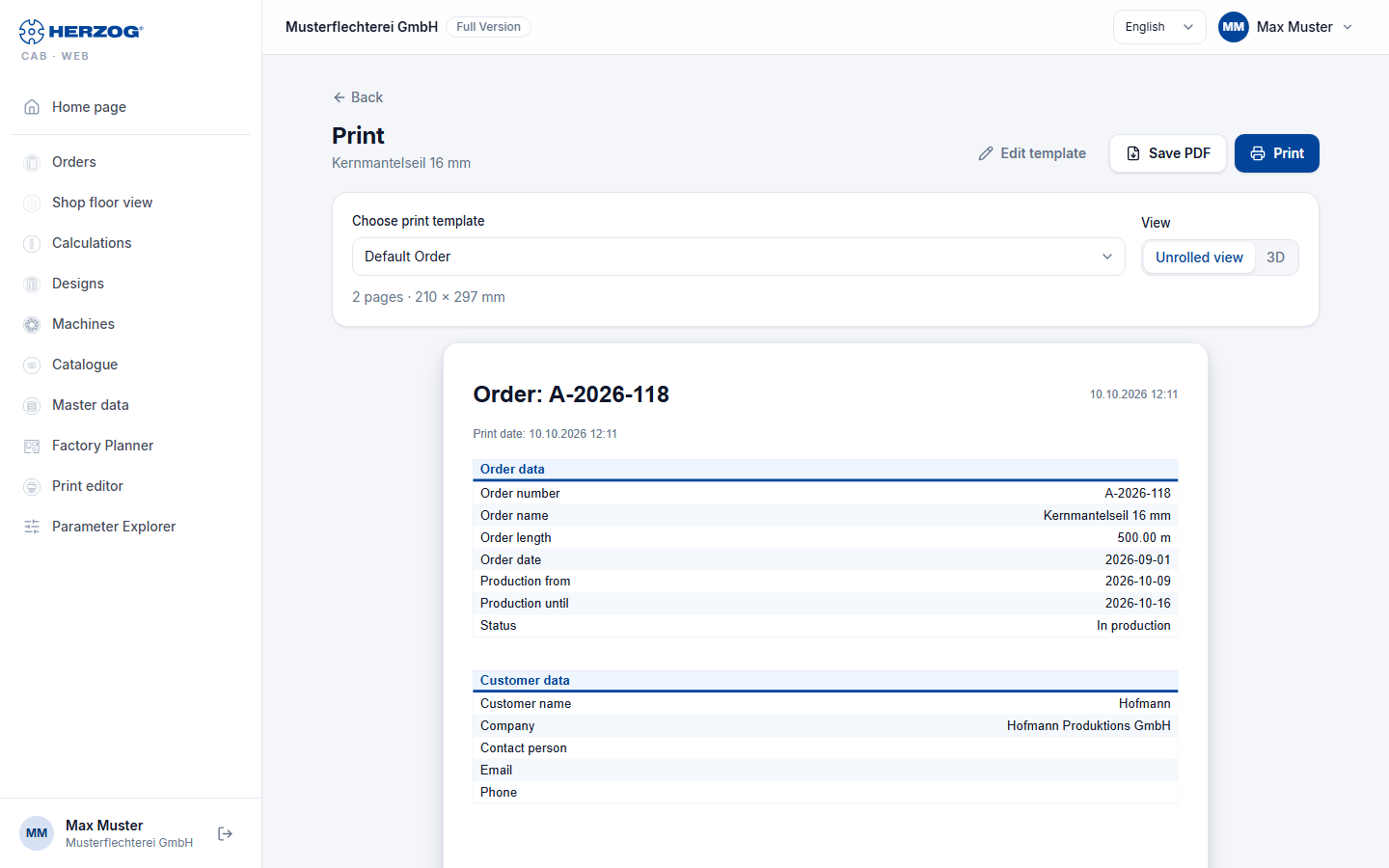 Print page of the web app with template selection and preview of a braiding order.