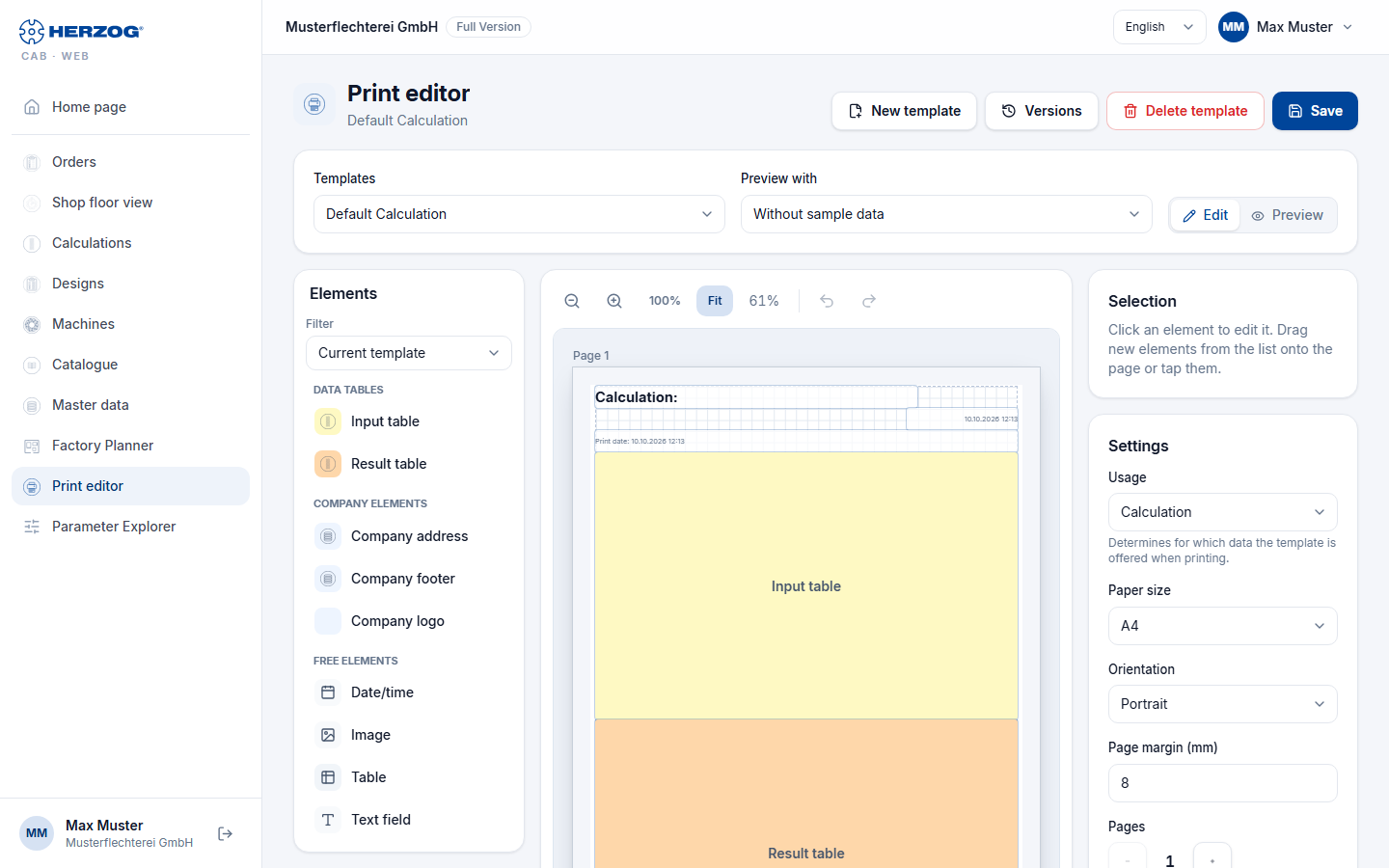 Print editor of the web app with elements on the left, page in the middle and selection and settings on the right