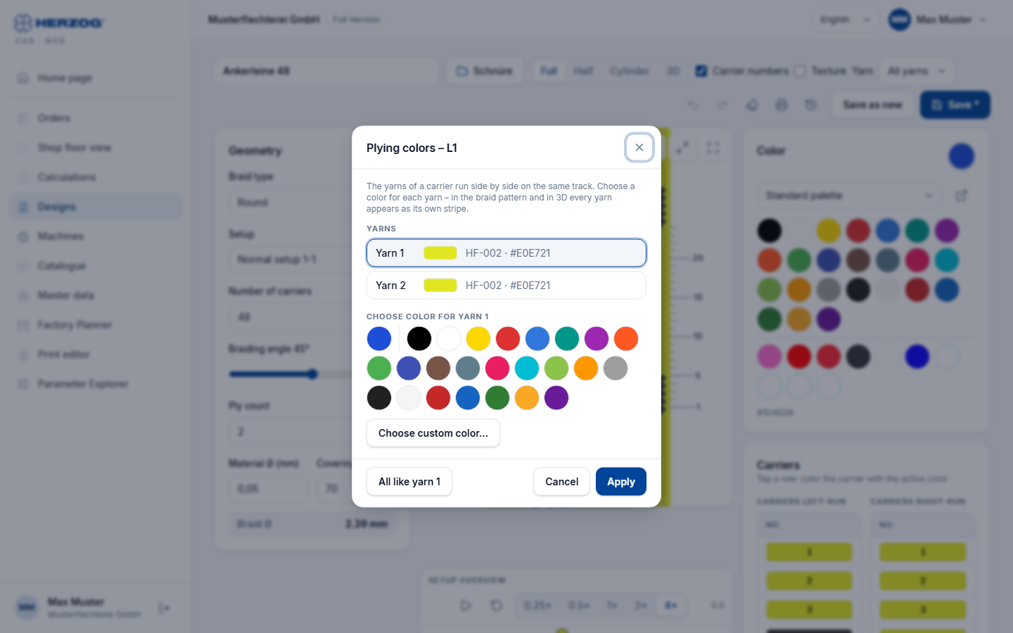 Web designer with the “Plying colors – L1” dialog: yarn 1 and yarn 2 with their colors, color selection below