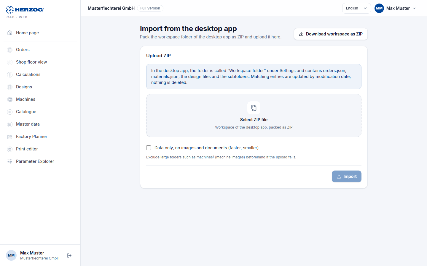 Import from the desktop app in the web app: ZIP selection, options and the result of an import.