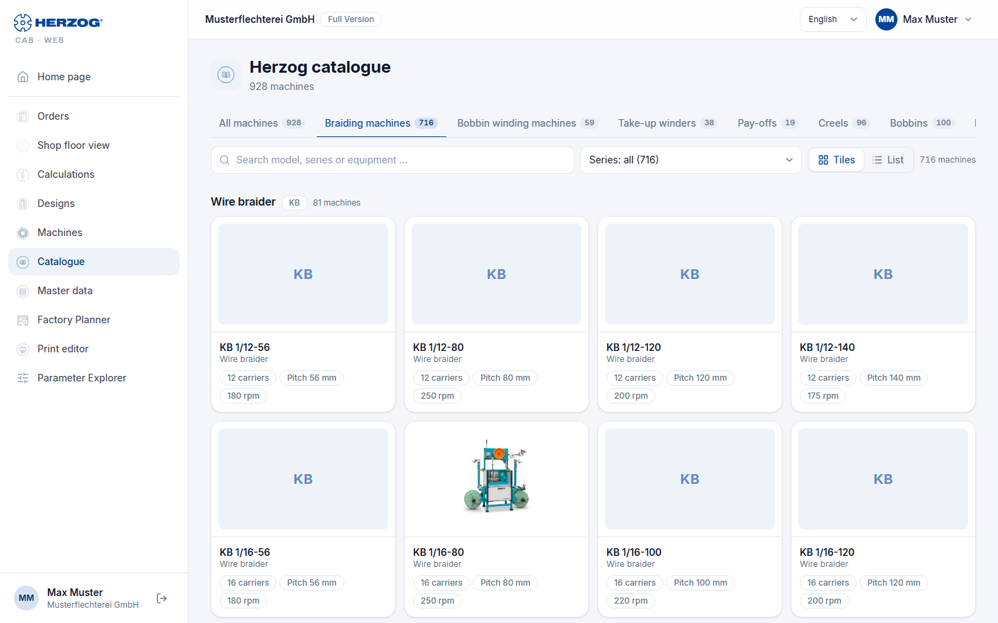 Herzog catalogue of the web app in tile view, Braiding machines tab, with search field and series filter