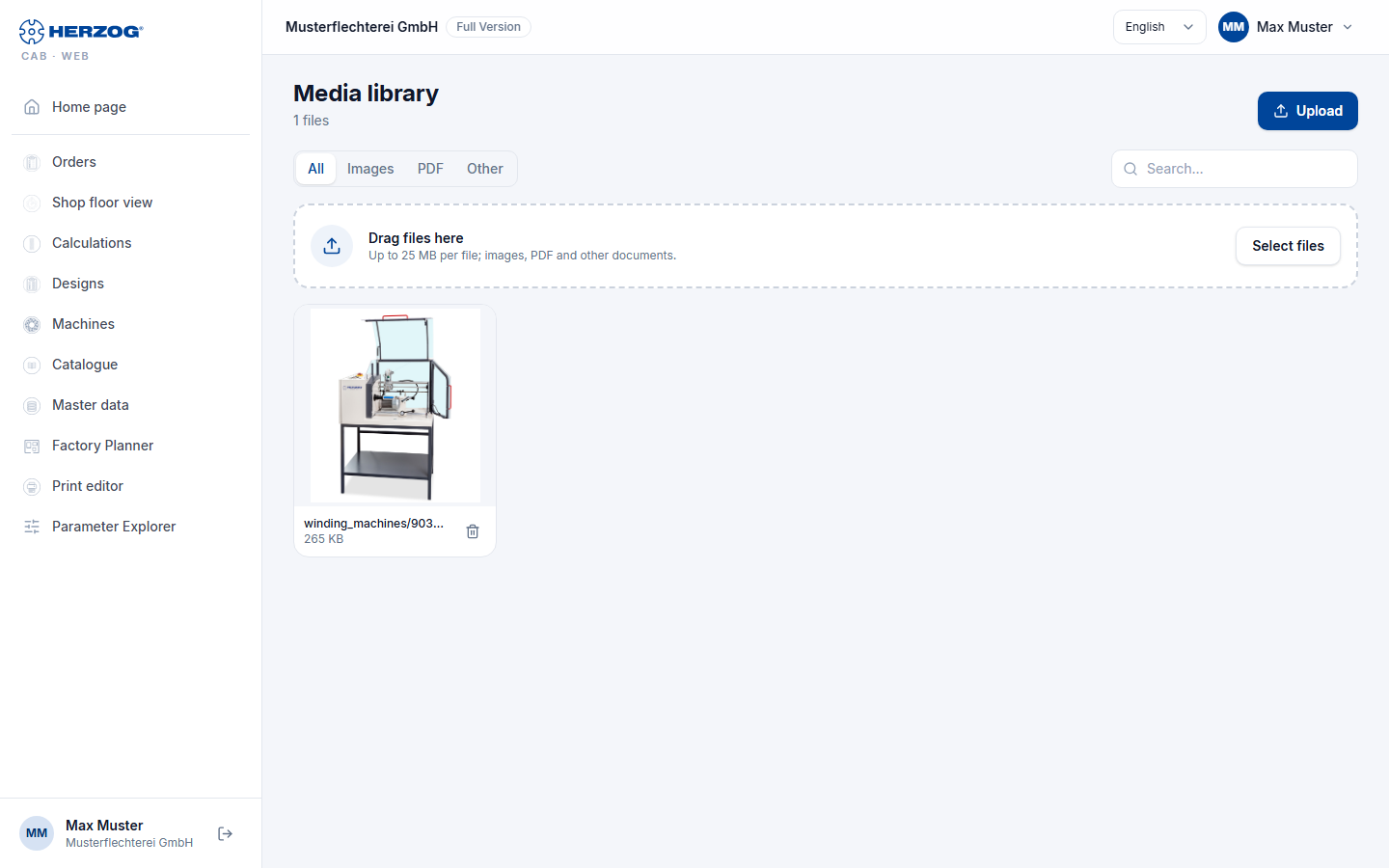 Media library of the web app with search field, type filter and file list.