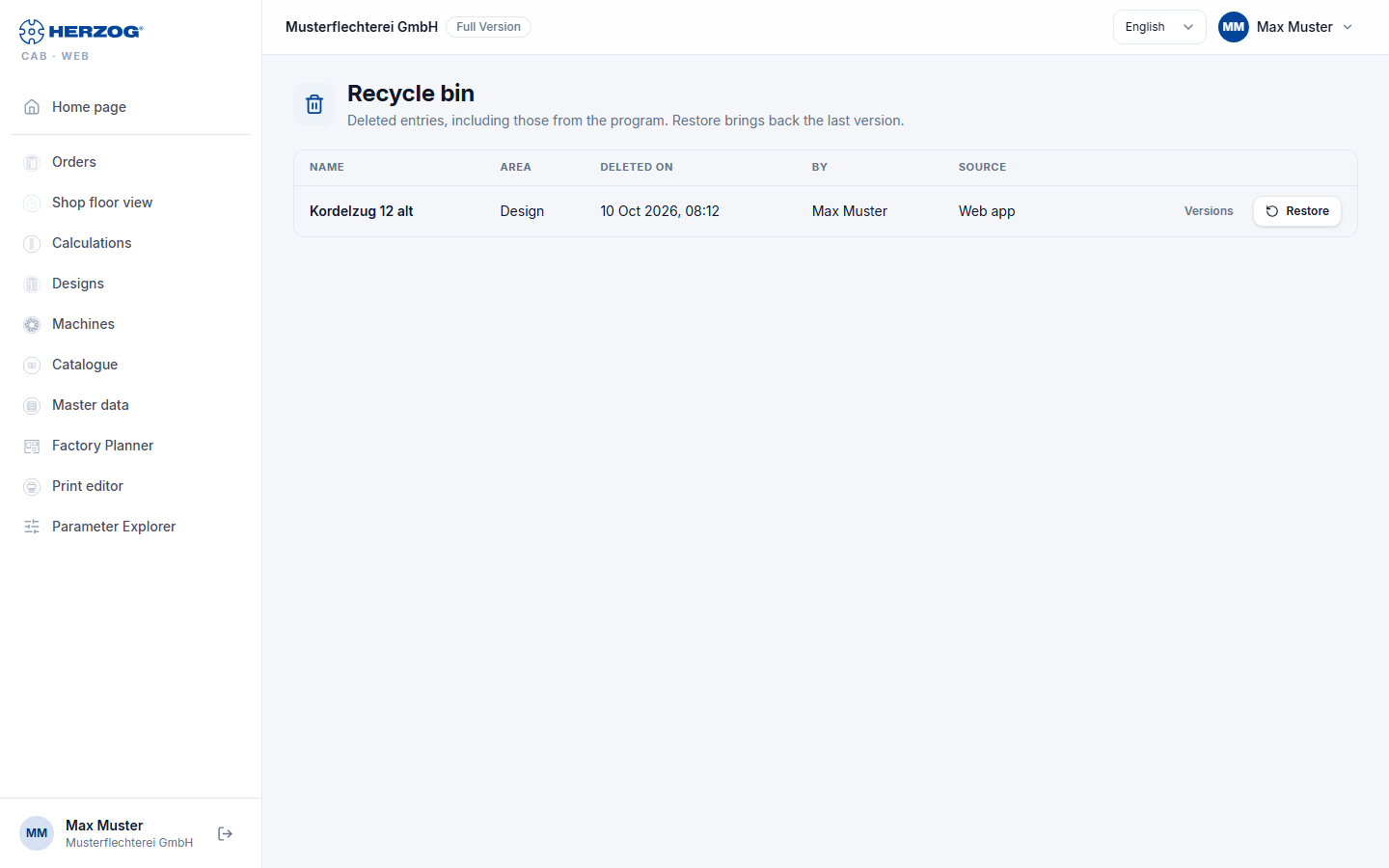 Recycle bin of the web app with one deleted design: name, area, deleted on, by, source and the buttons for versions and restoring