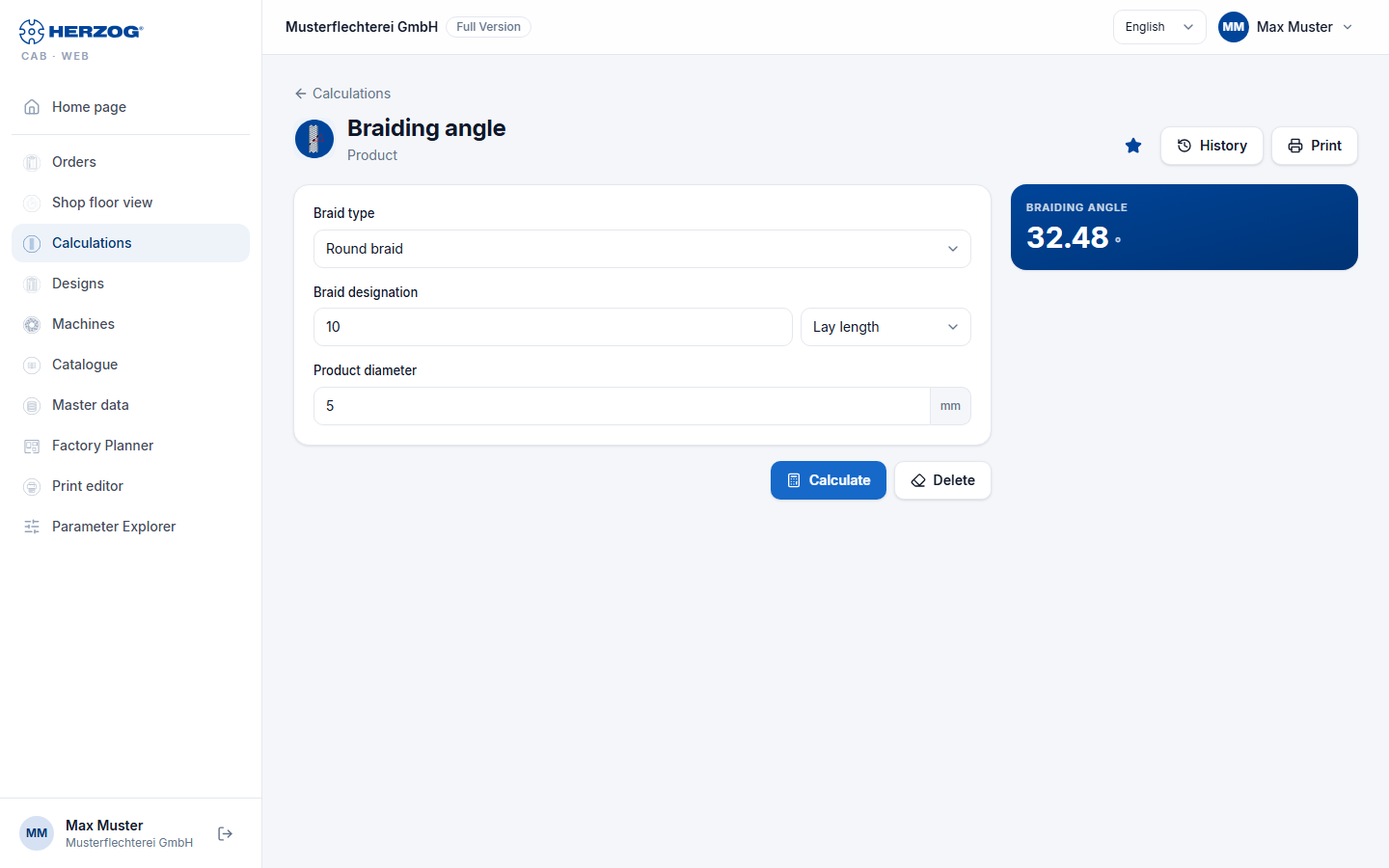 Calculator page of the web app using the braiding angle as an example: inputs on the left, result on the right.